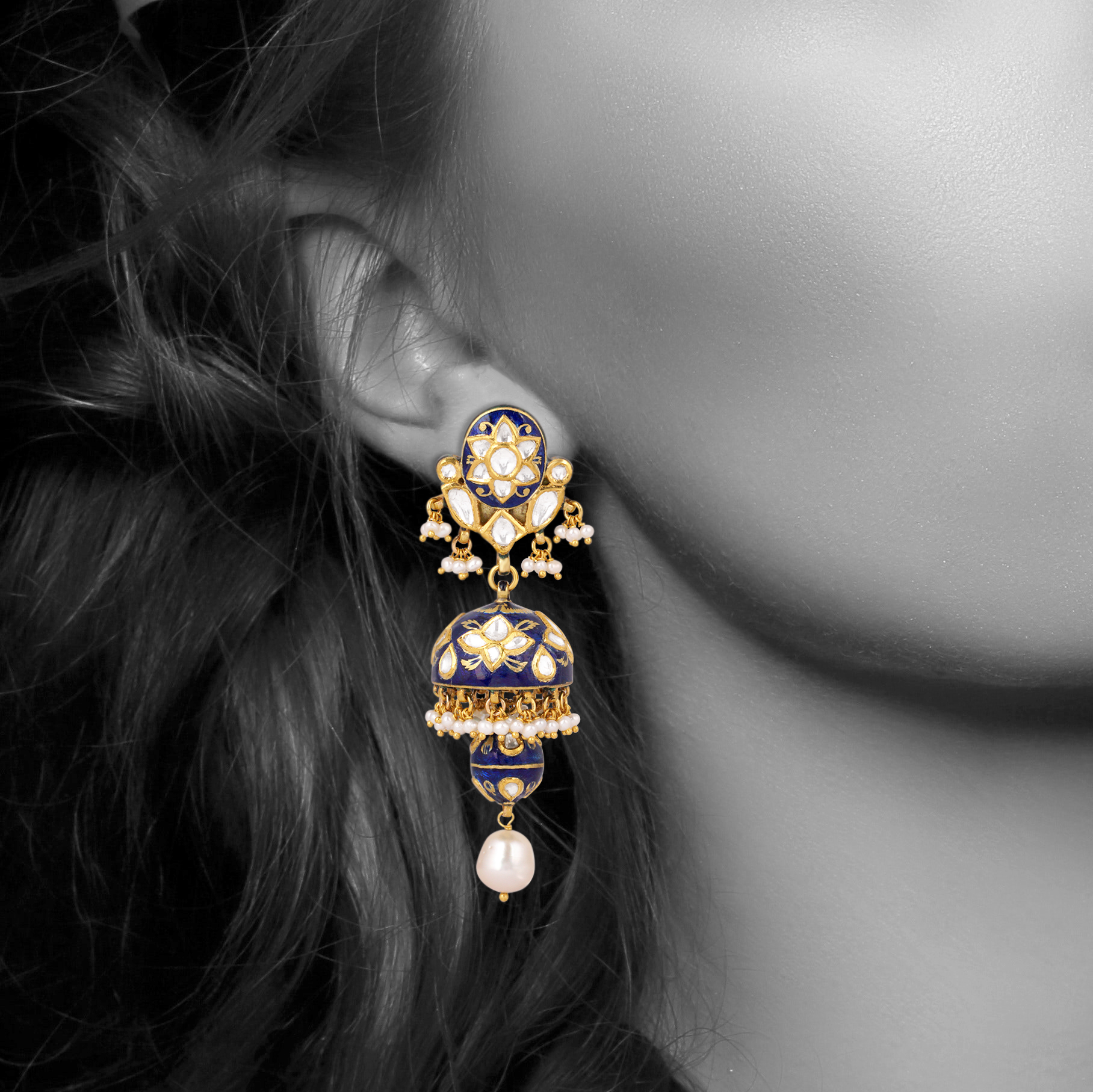 Jhumki Earrings with Blue Enamel, Polki, and Pearls